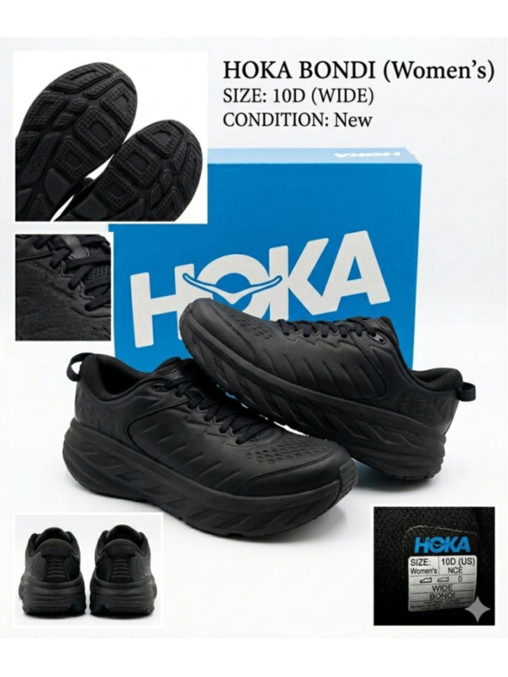 Hoka One One Bondi SR Triple Black - Women's 1110521-BBLC size 10D WIDE